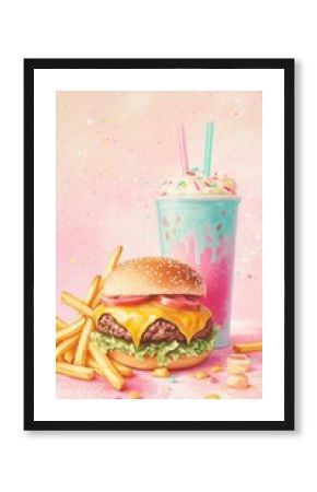 Retro 80s Neon Burger Poster with Cheese Fries & Soda - Pastel Pink & Purple