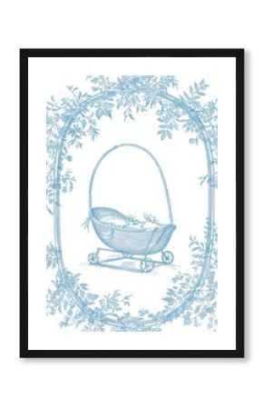 Vintage retro floral wreath clipart with floral frame with cot and cradle in toile de jouy style. Hand drawn flower composition illustration.