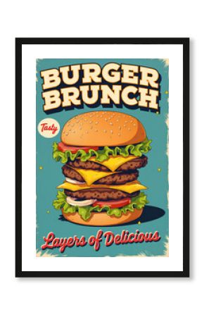 A retro-style advertisement poster featuring a mouth-watering, oversized burger with a sesame seed bun, crispy lettuce, fresh tomatoes, cheese, and a juicy patty, symbolizing classic fast food