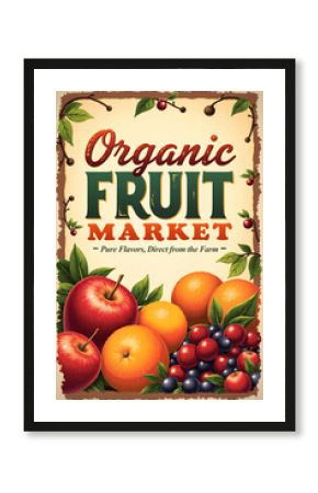 A retro-style poster promoting an organic fruit market, emphasizing the freshness, variety, and natural quality of produce, with bright, colorful fruits like apples, oranges, & grapes