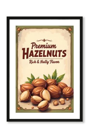 A retro-style promotional poster for hazelnuts, capturing their rich, natural appeal with earthy brown tones, rustic textures, and vintage-inspired typography, evoking wholesome charm of fresh nuts