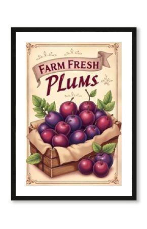 A charming, retro-style poster that highlights the freshness and sweetness of organic plums, featuring vibrant purple hues, rustic typography, and a nostalgic farm-inspired aesthetic