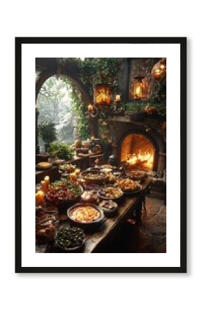 Thanksgiving table surrounded by family full of delicious dishes autumn decorations and a warm glow from the fireplace