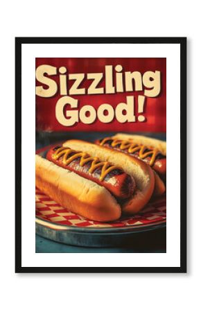 Retro poster of  "Sizzling good" hot dogs