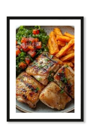 Paleo dinner plate a portion of roasted chicken thighs sweet potato fries and sauted greens styled on a clean ceramic plate