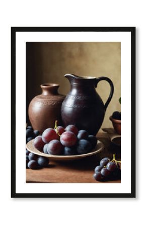 Still life in dark colors, grapes, plums, jug. Selective focus.