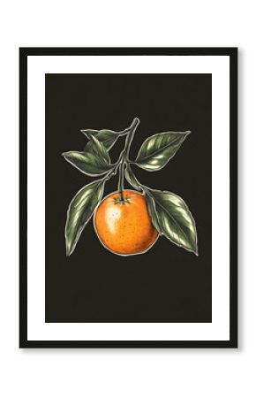 Illustrated orange branch dark background, botanical print, food label design.