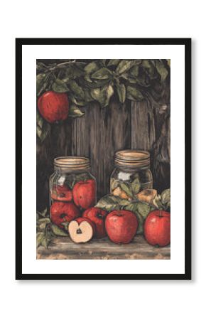 retro farm market poster featuring hand-drawn apples and mason jars