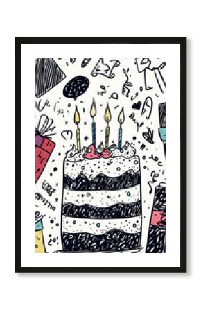 Birthday cake doodle illustration with gifts & confetti, celebration background, social media post.