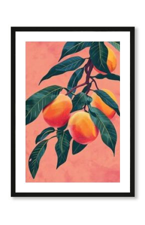 Stylized branch adorned three glossy discoballlike fruits hot pink background reminiscent retro poster art focus color form