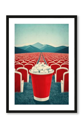 surreal landscape of red theater seats with popcorn bucket