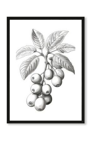 Detailed botanical illustration of a crabapple branch with leaves and fruit. Perfect for vintage-style designs or nature-inspired projects.