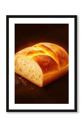 Homemade bread loaf on rustic dark background. Poster design, realistic, HD, copy space 