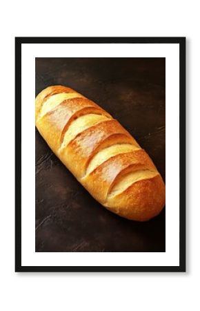 Homemade bread loaf on rustic dark background. Poster design, realistic, HD, copy space 