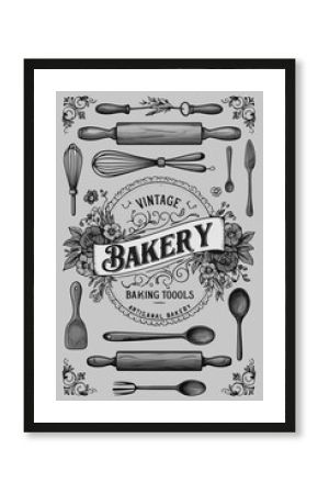 Cooking poster with vintage lettering and kitchen appliances. Hand drawn vector illustration.