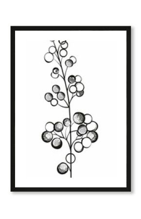 A stylized botanical illustration featuring a branch adorned with various sized textured and plain circles. Ideal for wall art, fabric prints, and stationery.