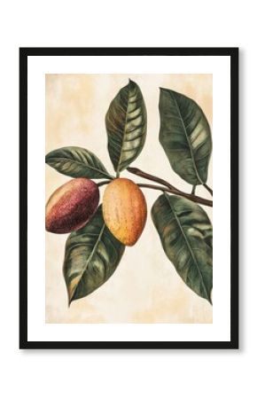 Three Exotic Fruits on Branch with Lush Leaves - Three vibrant fruits on a leafy branch, symbolizing abundance, nature, growth, exoticism, and harvest.