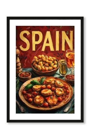 Vintage-style travel poster of Spain, featuring wine and cuisine. Generative AI