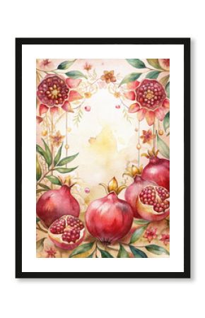 Bright watercolor painting with pomegranates in red and burgundy hues.Postcard with pomegranates-symbol of fertility evokes a sense of abundance, health and beauty of nature