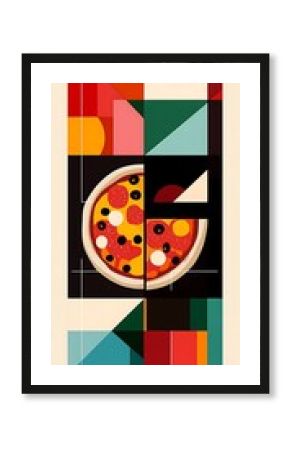 Geometric pizza illustration with vibrant colors and shapes.