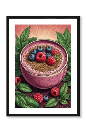 Creamy berry smoothie bowl, chia seeds, soft hues, and green decor accents in poster retro 70s style