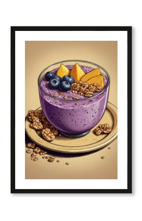 Purple smoothie bowl, banana slices, mango chunks, and granola on pale yellow plate in poster retro 70s style