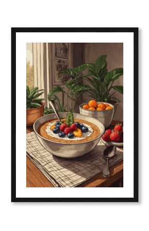 Vintage-inspired smoothie bowl, earthy tones, and cozy table setting in poster retro 70s style