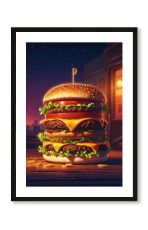 Perfect burger stack, glowing cheese, and cozy retro lighting in poster retro 70s style