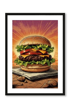 Sunset-lit cheeseburger, vibrant lettuce, and grilled patty with warm tones in poster retro 70s style