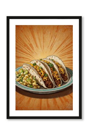 Authentic tacos, toasted corn garnish, and faded orange wall backdrop in poster retro 70s style