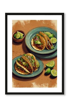 Rustic tacos with lime slices and warm retro tones on ceramic plate in poster retro 70s style