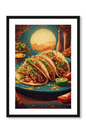 Perfectly styled tacos with vibrant ingredients and warm retro lighting in poster retro 70s style