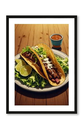 Spiced beef tacos, fresh lettuce, and glowing cheese sauce on wood table in poster retro 70s style