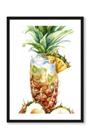 A watercolor illustration of a modern Pina Colada. Alcoholic long drink clipart. Hand-drawn cocktail glass. Stock print of a hand-drawn club shake beverage.