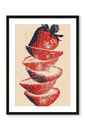 Sliced strawberry floating on beige background, a modern take on fruit