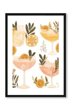 A mix of icons depicting highball, martini, margarita, old fashioned, shot, Moscow mule, and mug glasses, rendered in a retro print using halftone dotted offset press technique, with a touch of