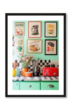 Retro kitchen decor with colorful appliances and wall art, featuring a red toaster, coffee maker, and vibrant flower arrangement on a checkered countertop.