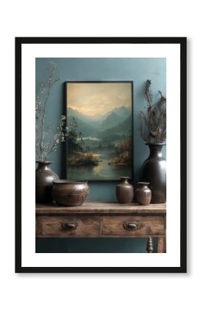 3D render  A mockup of a poster frame set against a modern interior scene