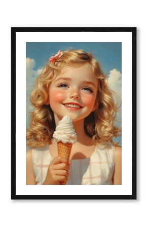 Portrait of cute blonde girl with ice cream cone, retro style, vintage drawing for label, advertising of summer ice cream bar
