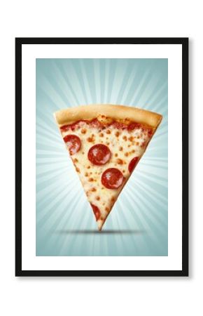 Vintage poster design of hot pizza slice, retro fast food theme
