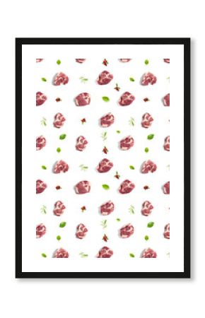 background with raw pork meat slices on white background, raw food background, not pattern, poster modern creative, flatlay
