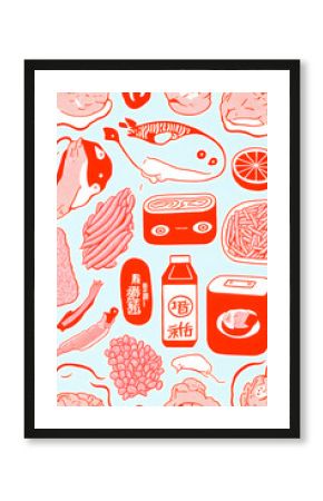 Japan food pattern, risograph style, doodle hand drawn illustration