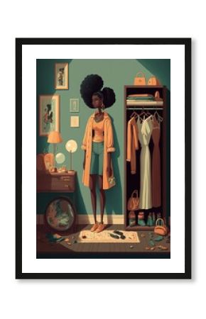 Young African American girl standing in her messy room. Generative AI Vertical Illustration