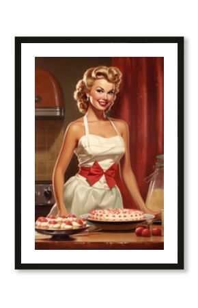 Minimalistic retro postcard of happy smiling woman in white dress, cooks food and serve a table in pin up style