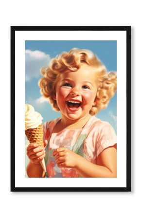 Minimalistic retro postcard of happy smiling child with ice cream and curved hair, blue sky and clouds at the background