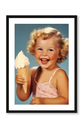 Minimalistic retro postcard of happy smiling child with ice cream and curved hair on blue background