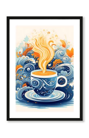 Whimsical colorful playful abstract artistic floral coffee cup cappuccino doodle retro vintage style wall art decor poster