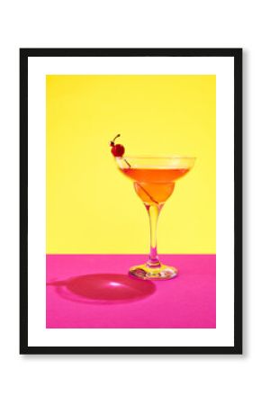 Poster. Cherry-kissed bliss. A tantalizing margarita, adorned with scarlet cherry against vivid yellow-pink background.