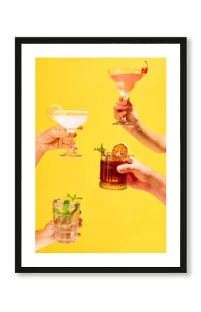 Poster. Variations of alcohol drinks. Hands with set of classic glasses of cocktails against over colorful studio background.