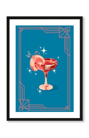 Poster. Contemporary art collage. Creative retro artwork. Creative serving of alcoholic cocktail in retro color filter with shine. Concept of restaurant menu, party, alcohol drink, vintage.